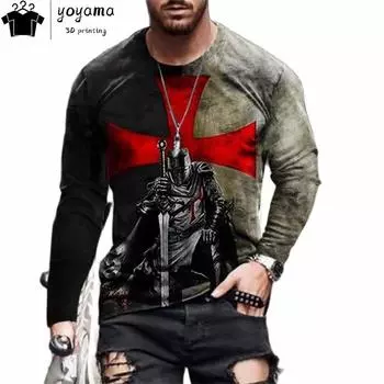 Футболка с принтом рыцаря Мужская мода Мужская одежда Футболки с 3D-принтом Рыцарь Графические футболки Дышащая мужская футболка с длинным рукавом Одежда S
