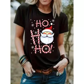 Футболка с принтом Санта-Клауса на Рождество, повседневный топ с коротким рукавом и круглым вырезом, женская одежда S