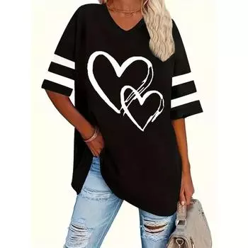 Футболка с принтом сердца больших размеров, повседневная футболка с V-образным вырезом и коротким рукавом, женская одежда больших размеров XL