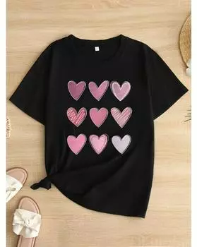 Футболка с принтом сердца больших размеров, повседневный топ с круглым вырезом и короткими рукавами для весны и лета, женская одежда больших размеров 1XL чёрный