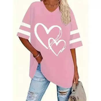 Футболка с принтом сердца больших размеров, повседневная футболка с V-образным вырезом и коротким рукавом, женская одежда больших размеров XL