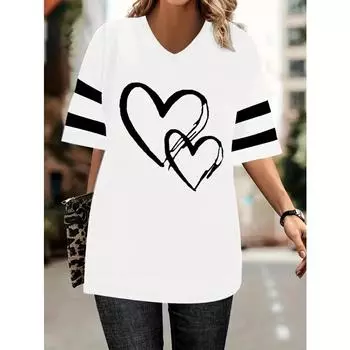 Футболка с принтом сердца больших размеров, повседневная футболка с V-образным вырезом и коротким рукавом, женская одежда больших размеров XL