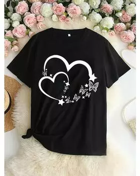 Футболка с принтом сердца и бабочки больших размеров, повседневный топ с короткими рукавами для весны и лета, женская одежда больших размеров 1XL чёрный