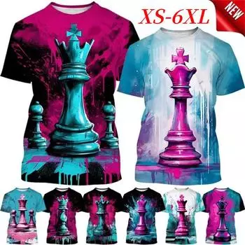 Футболка с принтом шахматной 3D-графики для мужчин и женщин, повседневная одежда, удобная уличная одежда с круглым вырезом и коротким рукавом, свободные футболки, топы XS