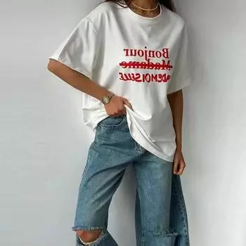 Футболка с принтом Simplicity Letter, хлопковая, женская, летняя, белая, свободная, с коротким рукавом и круглым вырезом, повседневная, базовая женская одежда S белый