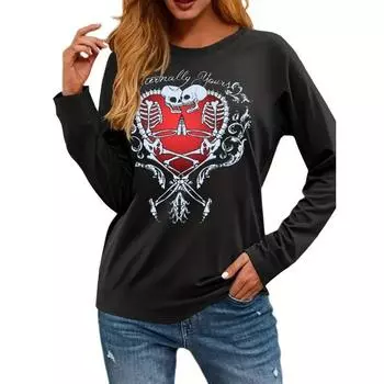 Футболка с принтом «Скелеты и сердца», повседневный топ с круглым вырезом с длинными рукавами, женская одежда S чёрный