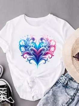 Футболка с принтом «Сладкая любовь в виде сердца», верхняя одежда для женщин, модная женская повседневная одежда, женская футболка с круглым вырезом и коротким рукавом с 3D-принтом S