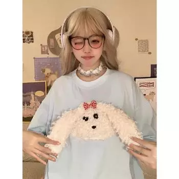 Футболка с принтом собак, со шнуровкой сзади, в клетку, с рисунком в виде собаки, свободного покроя, в стиле харадзюку, в стиле фейрикор, 2000-е, в стиле гранж, 2020 год S синий