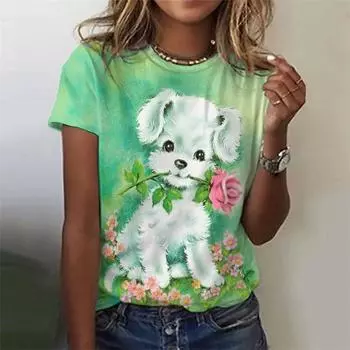 Футболка с принтом «собака, кошка» для женщин, с короткими рукавами и рисунком животного, летний топ с круглым вырезом для девочек, свободные футболки для отдыха L
