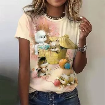 Футболка с принтом «собака, кошка» для женщин, с короткими рукавами и рисунком животного, летний топ с круглым вырезом для девочек, свободные футболки для отдыха S