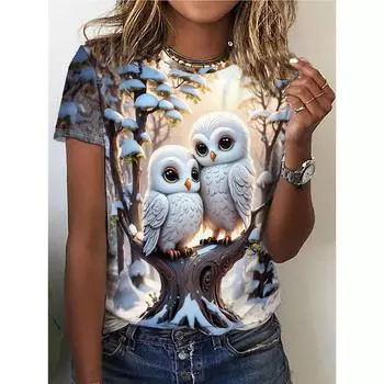 Футболка с принтом «Совы на деревьях», повседневный топ с круглым вырезом и короткими рукавами на весну и лето, женская одежда S