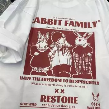 Футболка с принтом Story Retro Rabbit II для мужчин и женщин из чистого хлопка, летняя модная тенденция, повседневный удобный топ с короткими рукавами из чистого хлопка для пар, Harajuku M белый