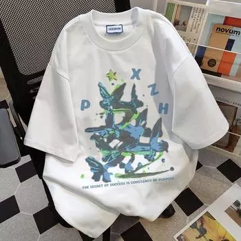 Футболка с принтом Swarming Fantasy Butterfly и круглым вырезом для мужчин и женщин. Летняя модная тенденция. Повседневный удобный топ из чистого хлопка с короткими рукавами Harajuku. S белый