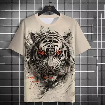 Футболка с принтом свирепого тигра и животного для мужчин, повседневная, с круглым вырезом и коротким рукавом, летняя, уличная, свободная, модная, удобная футболка S