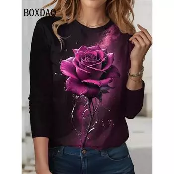 Футболка с принтом Tie Dye, розы, новые весенние женские рубашки с длинными рукавами, повседневные свободные топы с круглым вырезом размера плюс, модная женская одежда S