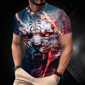 Футболка с принтом «Тигр, сражающийся с животными, зверь, свирепый» 3D для мужчин, с коротким рукавом, мужская футболка S