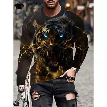Футболка с принтом тигра, мужская мода, футболки с принтом тигра, мужская одежда с 3D-принтом, дышащая, простая мужская футболка с длинным рукавом, топы S
