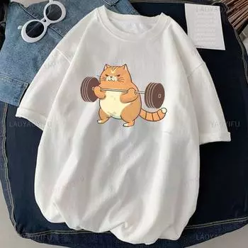 Футболка с принтом «Тяжелая атлетика» для кошек, забавная наклейка с дизайном в спортзале, графические футболки из высококачественного хлопка для женщин, одежда унисекс, футболки 4XL чёрный