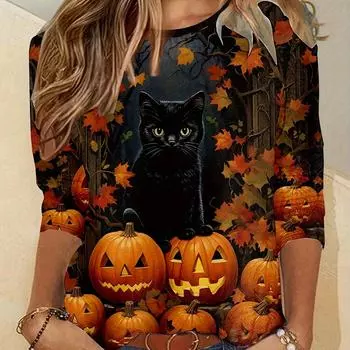 Футболка с принтом тыквы больших размеров, повседневный топ с круглым вырезом и длинными рукавами для весны и осени, женская одежда больших размеров S