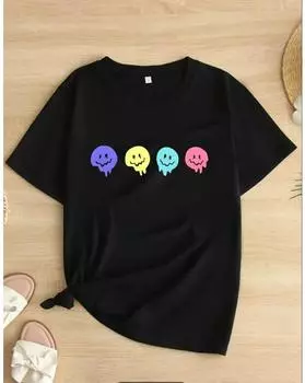 Футболка с принтом улыбающегося лица больших размеров, повседневный топ с короткими рукавами для весны и лета, женская одежда больших размеров 1XL чёрный