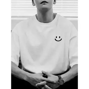 Футболка с принтом улыбающегося лица, летняя модная, ретро свободная, с круглым вырезом, дышащая, высококачественная, для пар XS