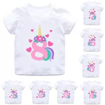 Футболка с принтом Unicon для дня рождения, летние повседневные футболки для маленьких девочек, детские топы с круглым вырезом и короткими рукавами