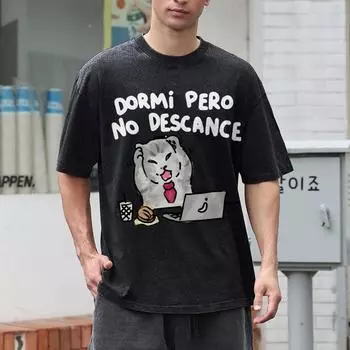 Футболка с принтом «Уставший рабочий котенок» из чистого хлопка, нейтральный стиль, стираная, с круглым вырезом, с короткими рукавами, новая, свободная S