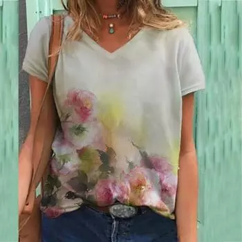 Футболка с принтом, V-образный вырез, женская футболка с короткими рукавами и принтом, топ S