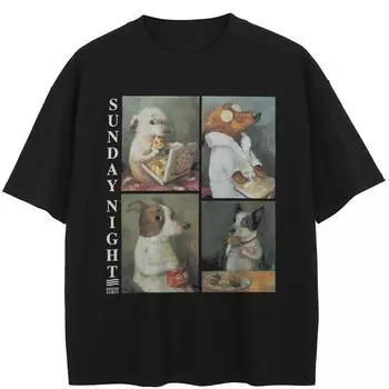 Футболка с принтом «Веселые собаки» в уличном стиле, хлопковая футболка, унисекс, топы, футболки, летние футболки с короткими рукавами S чёрный