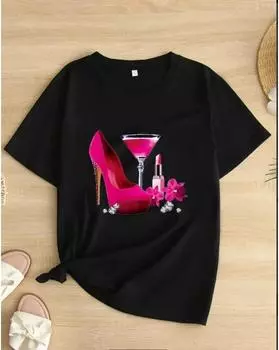 Футболка с принтом «Высокие каблуки» больших размеров, повседневная футболка с круглым вырезом и коротким рукавом, женская одежда больших размеров 1XL чёрный
