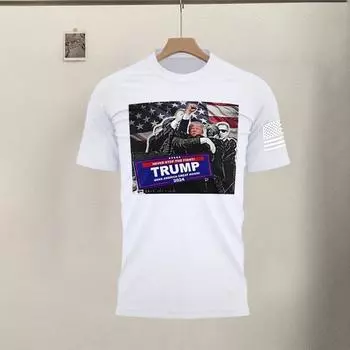 Футболка с принтом «Выживший после выстрела на патриотическом предвыборном митинге в Пенсильвании» с круглым вырезом M чёрный