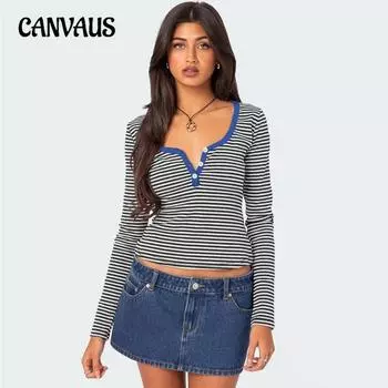 Футболка с принтом в полоску, женская, с тонкими пуговицами и открытыми плечами, Y2K Clothes S озеро синий/розы красного