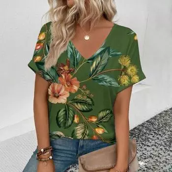 Футболка с принтом в стиле «модное искусство» в стиле ретро с цветами, элегантная футболка с короткими рукавами и V-образным вырезом, летняя футболка 2024 года, большой размер, повседневная футболка S