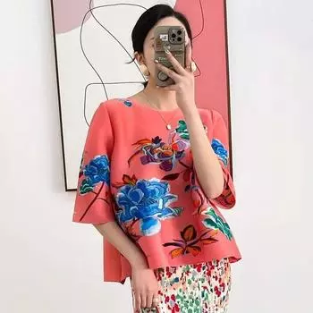 Футболка с принтом в стиле ретро в стиле ретро, летний новый высококачественный свободный топ с половиной рукавов M розовый