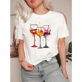 Футболка с принтом в виде бокала вина, повседневный топ с короткими рукавами и круглым вырезом на весну/лето с рисунком из мультфильмов, женская одежда с распыленной краской S
