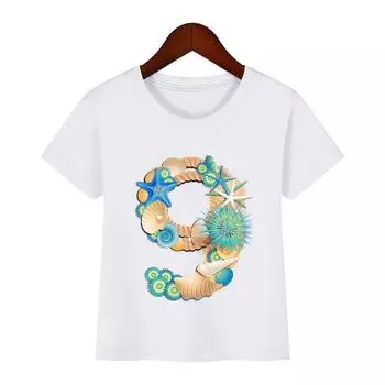 Футболка с принтом в виде мультфильма «Море» для детей от 2 до 14 лет на день рождения, детские футболки с номером 1-9 на день рождения, забавный подарок для мальчиков и девочек, футболка в подарок 2T(90cm)