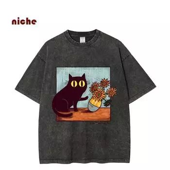 Футболка с принтом в виде мультяшного котенка и хризантемы, с круглым вырезом, с потертыми плечами, дизайнерская новинка 2024 года, модная, с короткими рукавами S