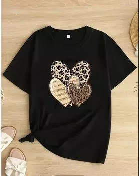 Футболка с принтом в виде сердца больших размеров, повседневный топ с короткими рукавами для весны и лета, женская одежда больших размеров 1XL чёрный