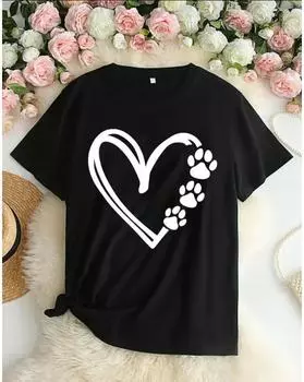 Футболка с принтом в виде сердца больших размеров, повседневная футболка с круглым вырезом и короткими рукавами, женская одежда больших размеров 1XL чёрный