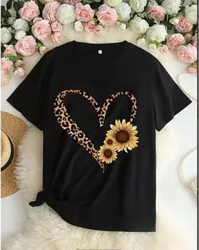 Футболка с принтом в виде сердца больших размеров, повседневная футболка с круглым вырезом и короткими рукавами, женская одежда больших размеров 1XL чёрный