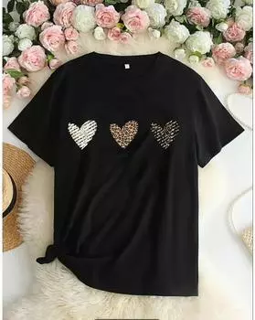 Футболка с принтом в виде сердца больших размеров, повседневная футболка с круглым вырезом и короткими рукавами, женская одежда больших размеров 1XL чёрный