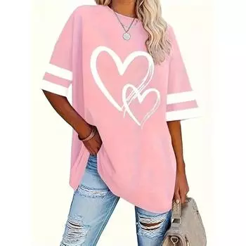 Футболка с принтом в виде сердца большого размера, повседневная футболка с круглым вырезом и коротким рукавом, женская одежда больших размеров S