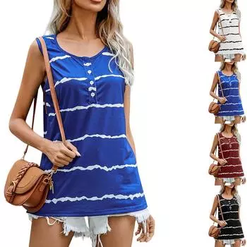 Футболка с принтом в волнистую полоску и пуговицы, повседневная майка с круглым вырезом L чёрный