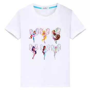 Футболка с принтом Winx Cartoon 100% Cotton для детей, мальчиков 10 лет, аниме Winx, короткие милые топы, одежда для девочек, футболка Y2K Pride, детская одежда 100 белый