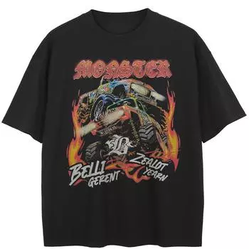 Футболка с принтом внедорожника в уличном стиле из хлопка, унисекс, топы, футболки, летние футболки с короткими рукавами M чёрный