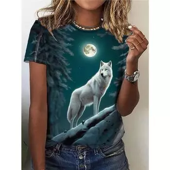 Футболка с принтом волка, повседневный топ с круглым вырезом и коротким рукавом на весну и лето, женская одежда S