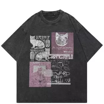 Футболка с принтом «Забавные коты» в уличном стиле, черная футболка из хлопка, топы унисекс, футболки, футболка с короткими рукавами S чёрный