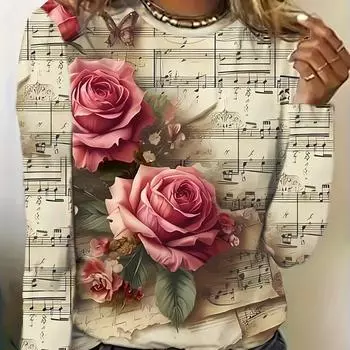 Футболка с принтом «Заметки больших размеров» — женская повседневная футболка с круглым вырезом и длинными рукавами, весна-осень, цветочный узор S