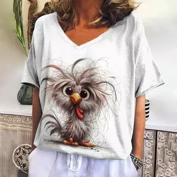 Футболка с принтом животных 3D 2024 года, женская футболка, повседневная, Harajuku, с коротким рукавом, V-образным вырезом, свободная одежда, повседневная футболка S