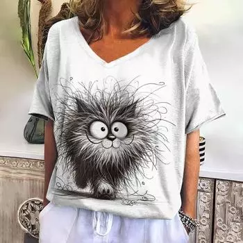 Футболка с принтом животных 3D 2024 года, женская футболка, повседневная, Harajuku, с коротким рукавом, V-образным вырезом, свободная одежда, повседневная футболка M